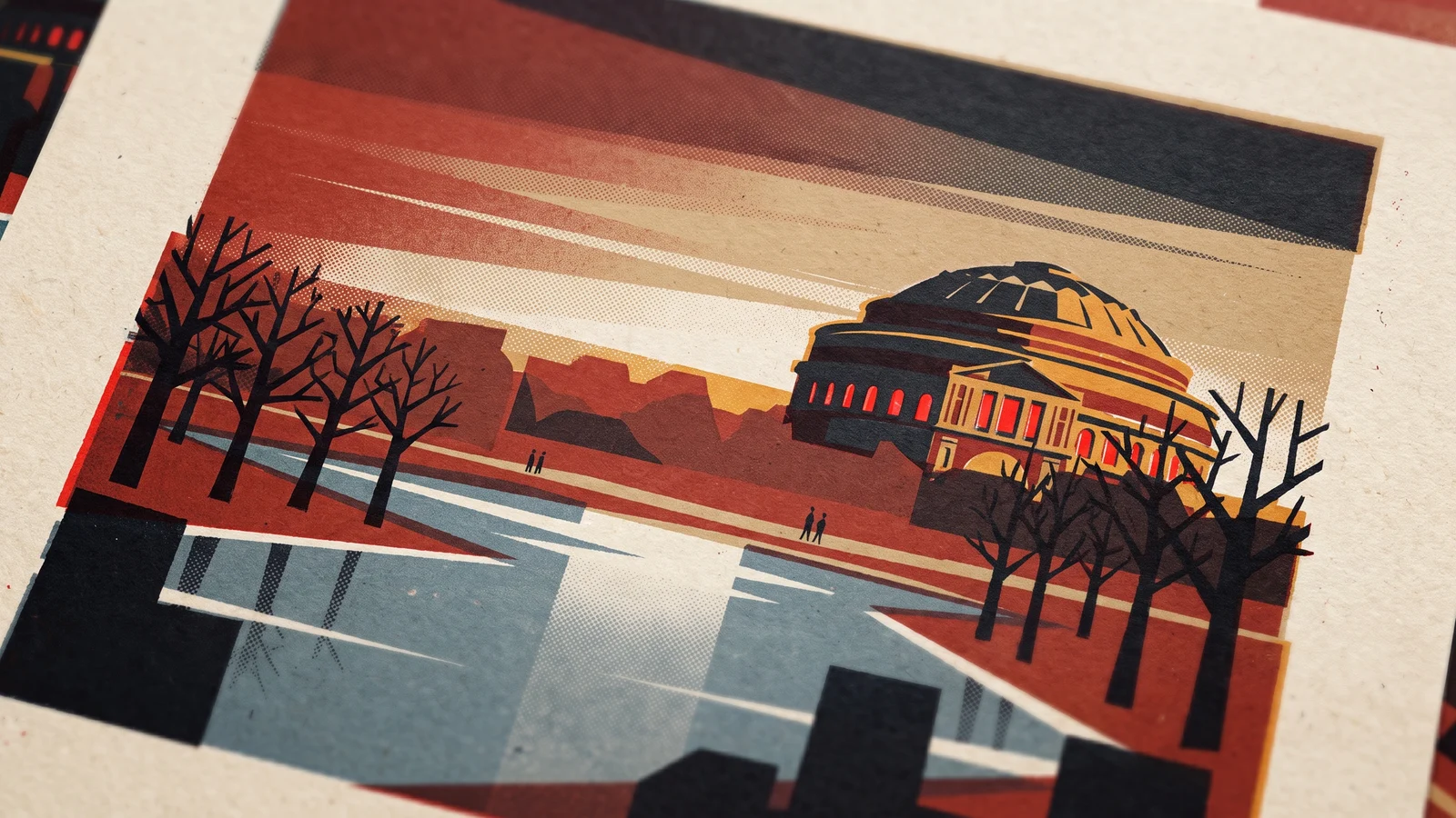 Poster-style illustration: London in winter: park walks and indoor culture