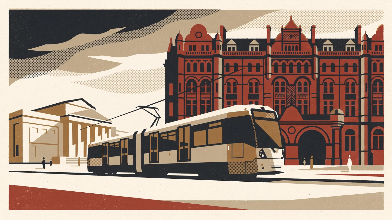 Poster-style illustration: A luxury weekend in Manchester: grand hotels and galleries